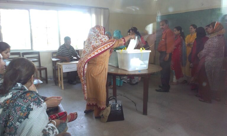 پولنگ اسٹیشن پر ایک خاتون ووٹ ڈال رہی ہیں، علامتی تصویر (2013)
